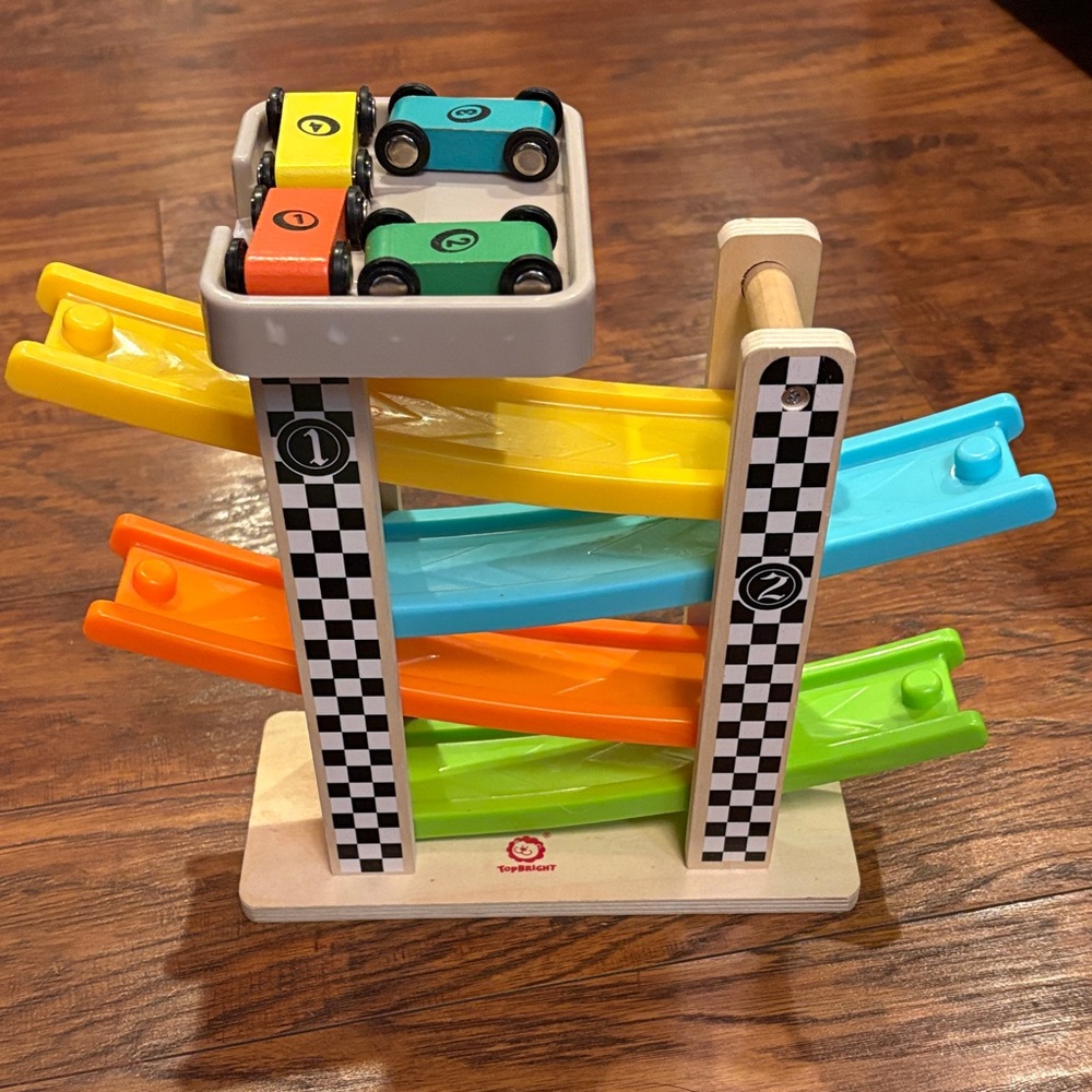 Wooden Race Ramp with Yellow, Blue, Orange & Green Tracks